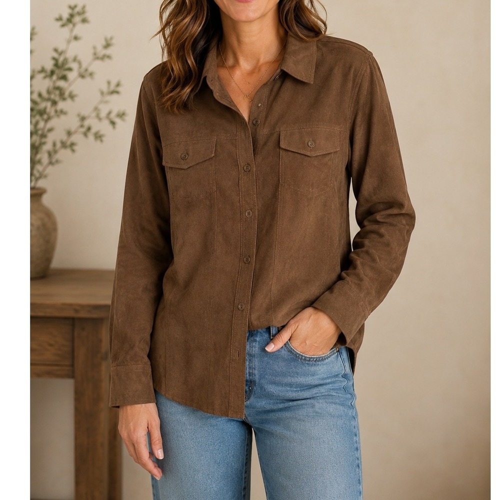 Croft & Barrow Faux Suede Shirt Women XL Brown Excellent Long Sleeve Button Down